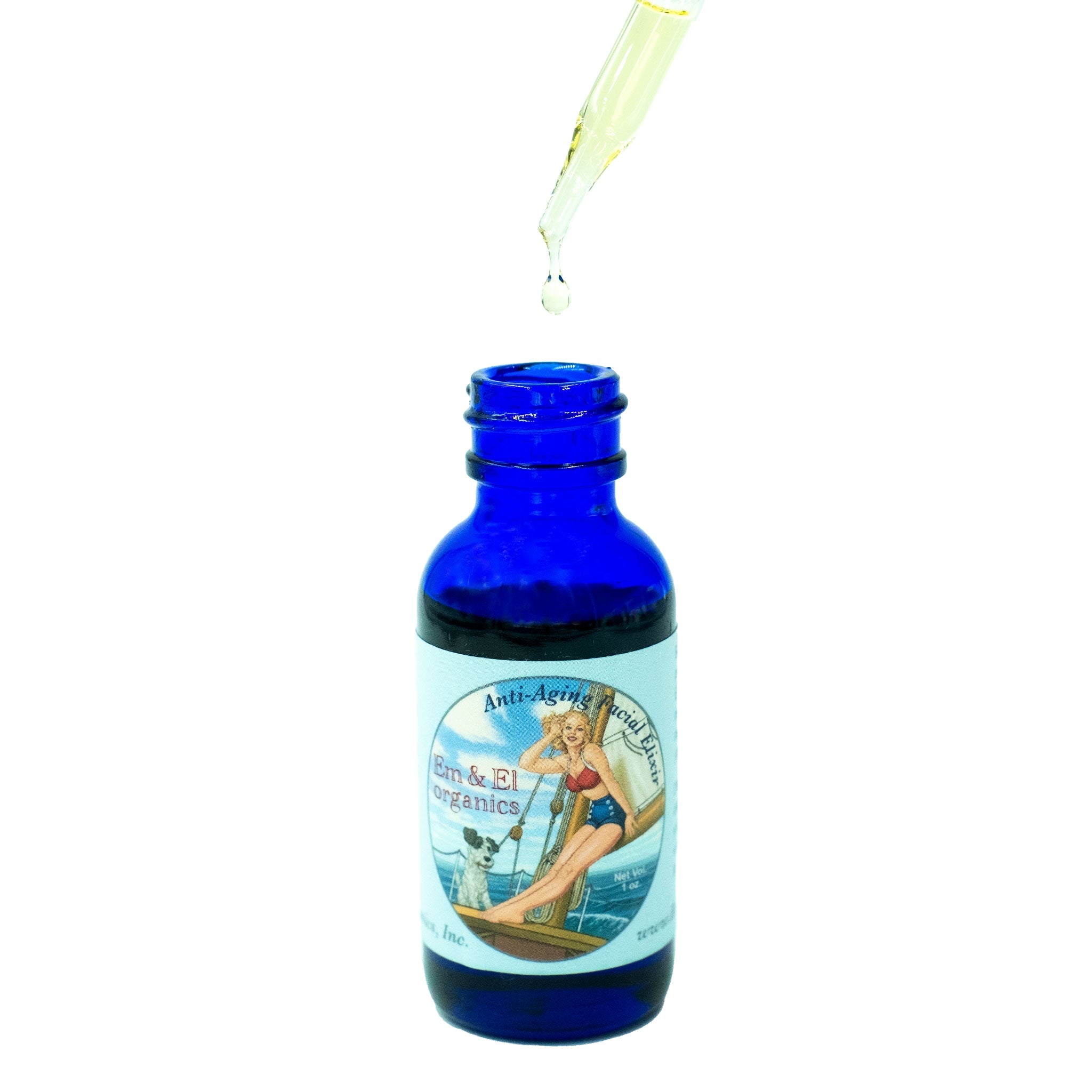 1 oz blue bottle with dropper top containing an organic anti-aging facial elixir