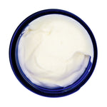 8 oz blue glass jar containing organic body butter with shea butter and jojoba oil and pure essential oils
